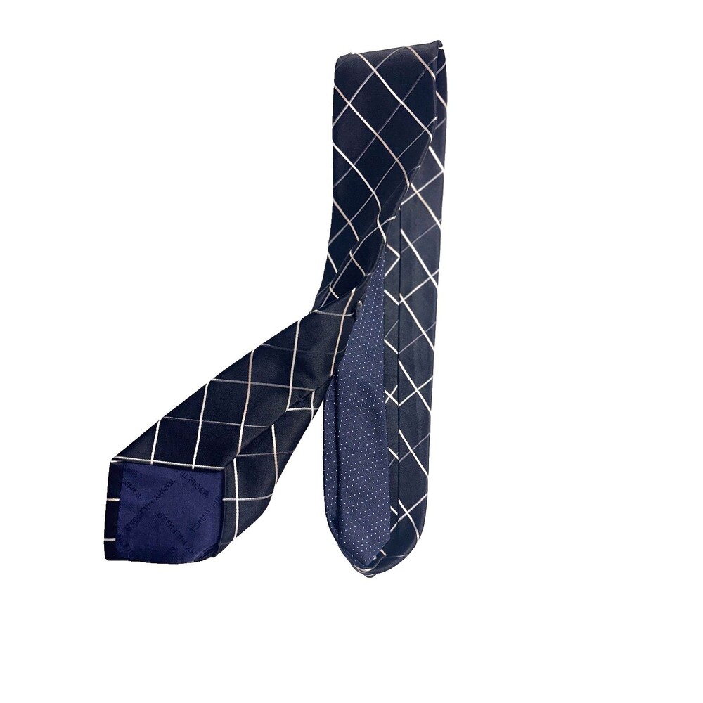 Tommy Hilfiger Men's 100% Silk Tie Black White Windowpane Grid Made in USA VTG - Picture 3 of 6